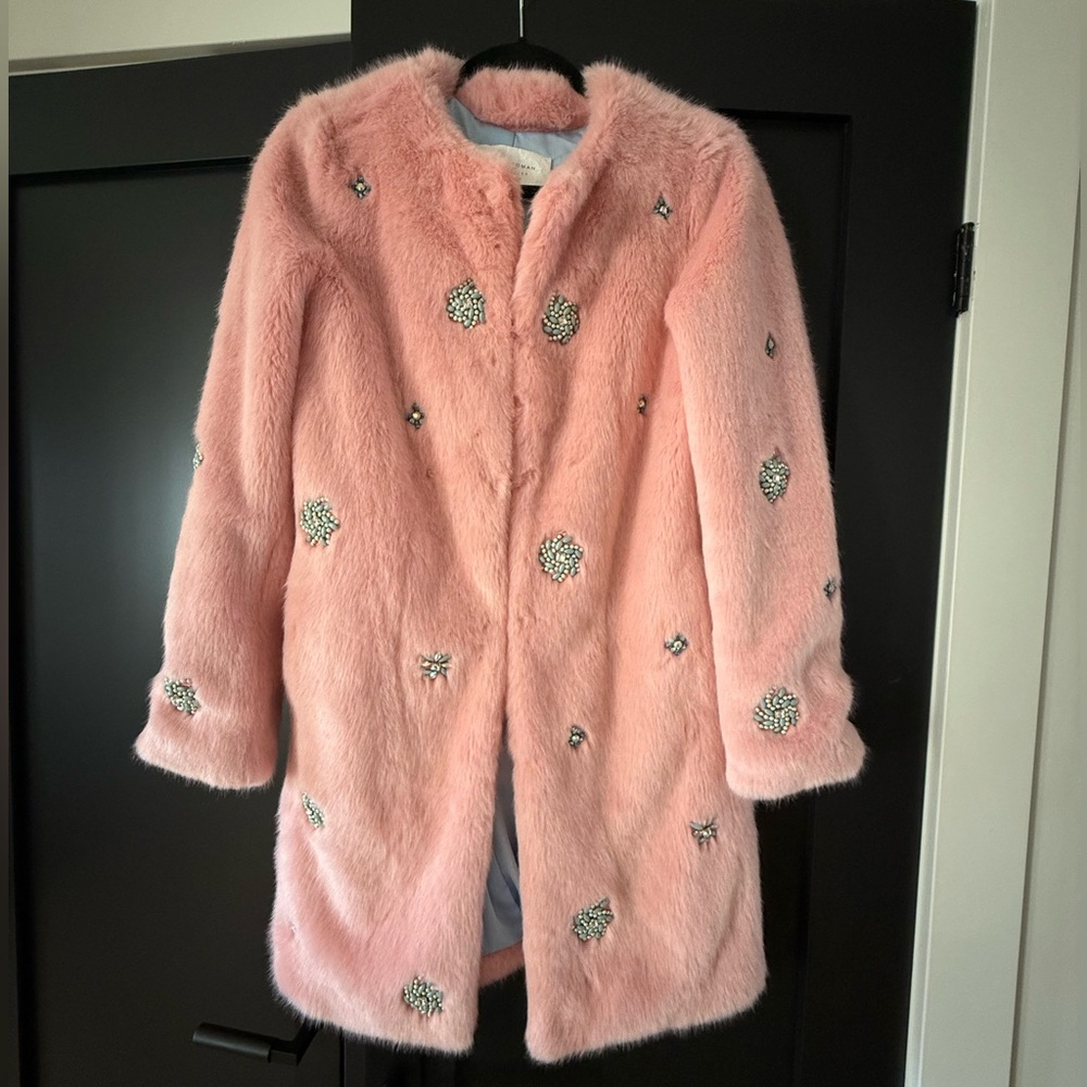 Zara Pink Fluffy Faux Fur Coat - Medium